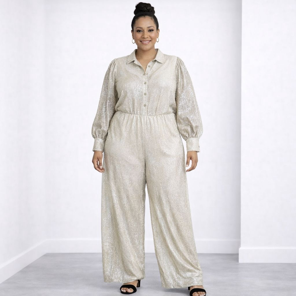 ELOQUII Gold Sequin Long Sleeve Jumpsuit Plus Size 16